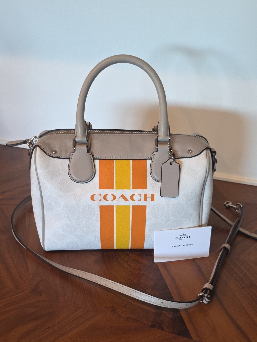 Coach White Satchel with Orange and Yellow Stripes